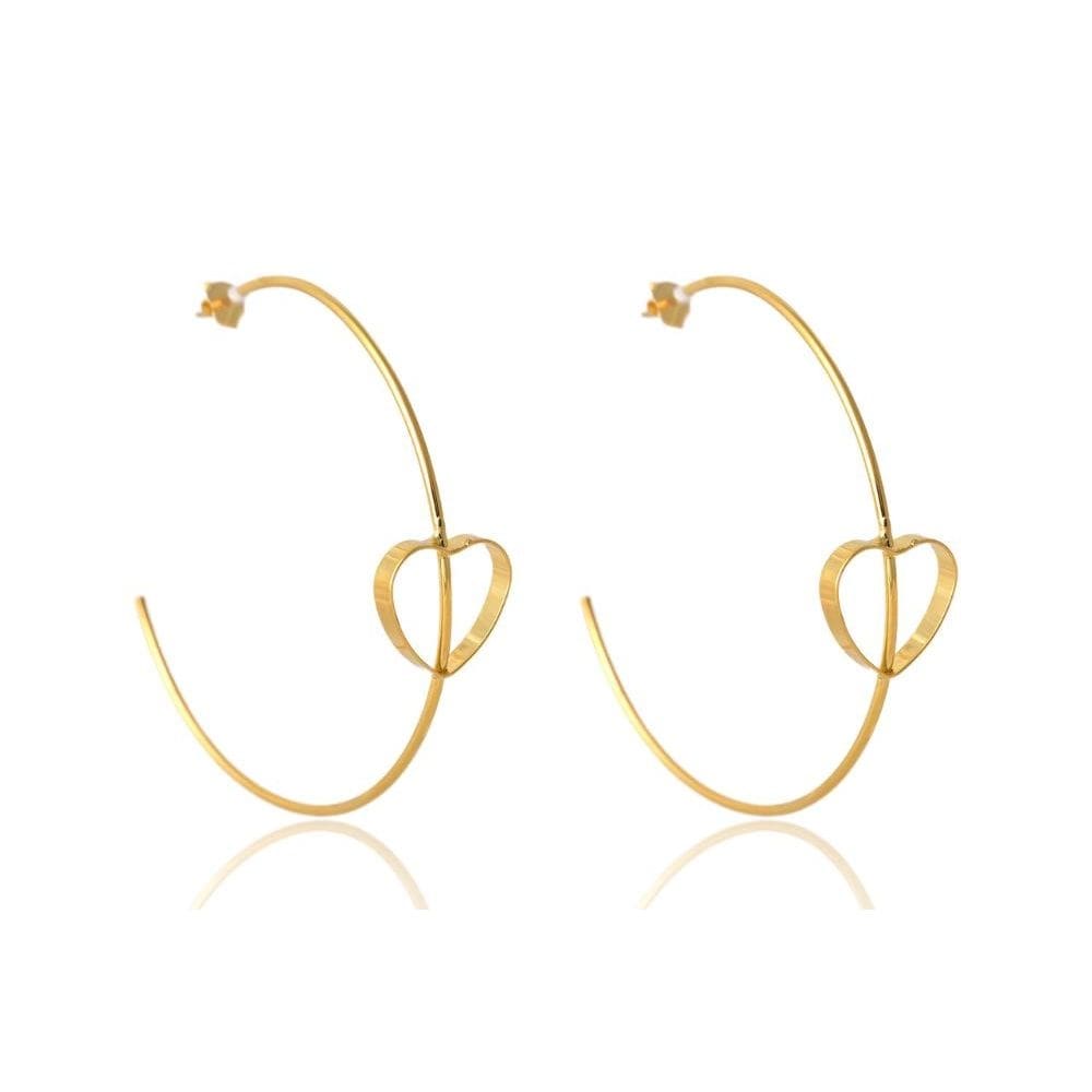 Brinco Argola Grande Fina Com Coração Embutido Folheado Em Ouro 18k [F027]