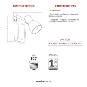 Spot Noir Quadrado Preto Fosco/brilho 1 Lampadas E27 - Avant
