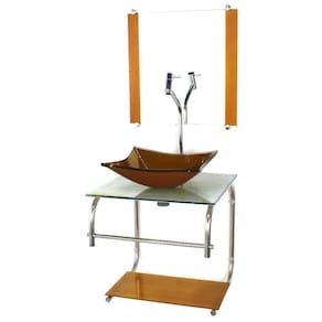 Gabinete De Vidro Para Banheiro 40cm Inox Cuba Quadrada Com Sifao E Torneira Metal Cor:marmore Branco Dourado