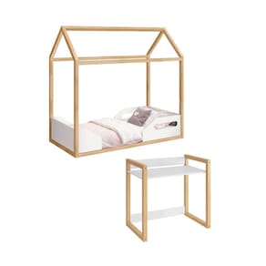 Conjunto Mini Cama Montessoriana e Mesa Zoe Infantil com Regulagem de Altura Branco Fosco / Madeira Pinus - Reller