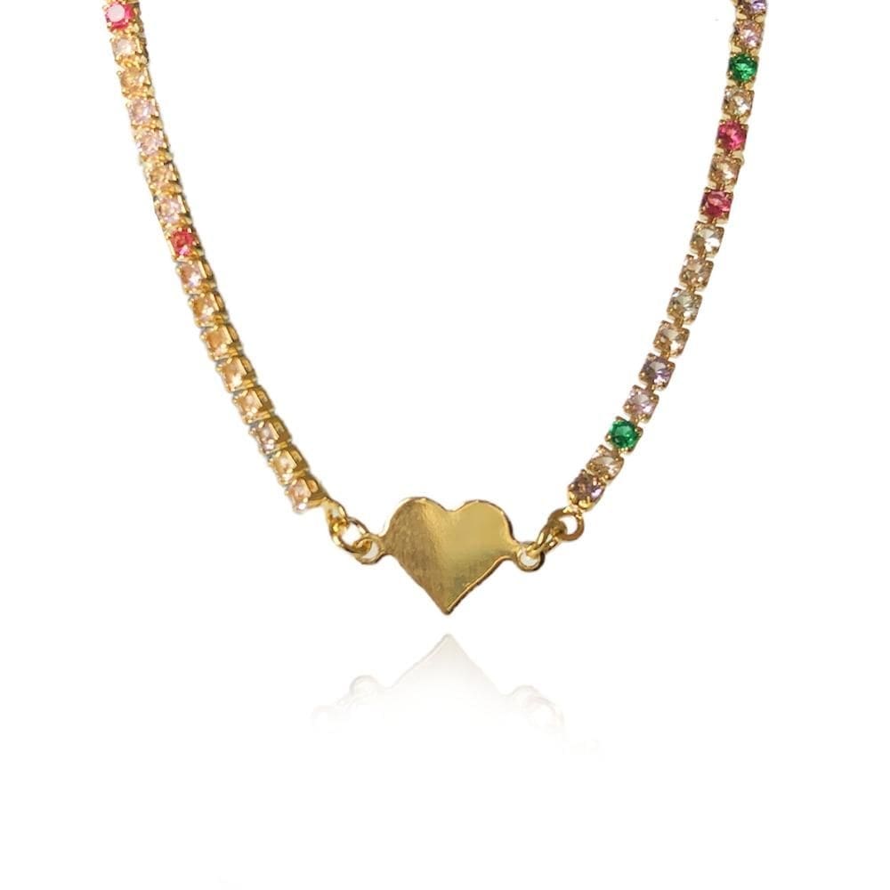 Pulseira Corrente De Zircônias Coloridas E Coração Chapado [F027]