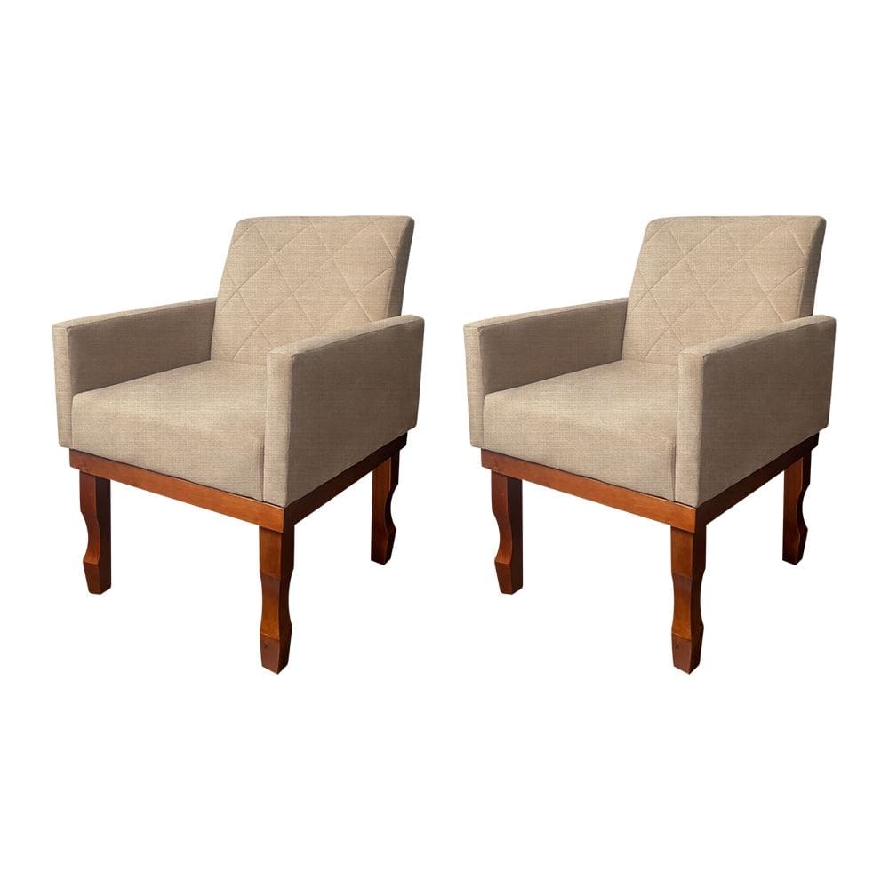 Kit 2 Poltronas Medusa Retrô Pés de Madeira Maciça Linho Bege