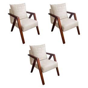 Kit 3 Poltronas Monalisa Decorativa Mona Pés de Madeira Maciça Suede Bege Claro