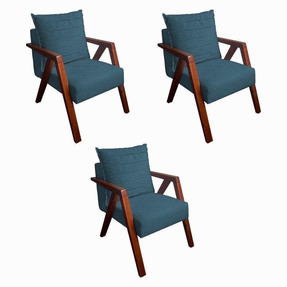 Kit 3 Poltronas Monalisa Decorativa Mona Pés de Madeira Maciça Linho Azul