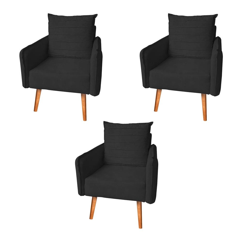 Kit 3 Poltronas Mandara Vintage Pés Palilto Suede Preto