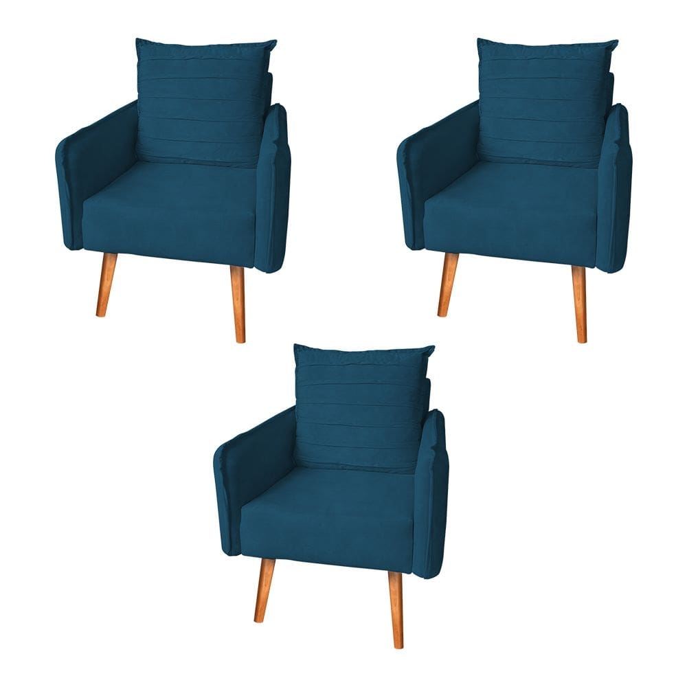 Kit 3 Poltronas Mandara Vintage Pés Palilto Suede Azul Marinho