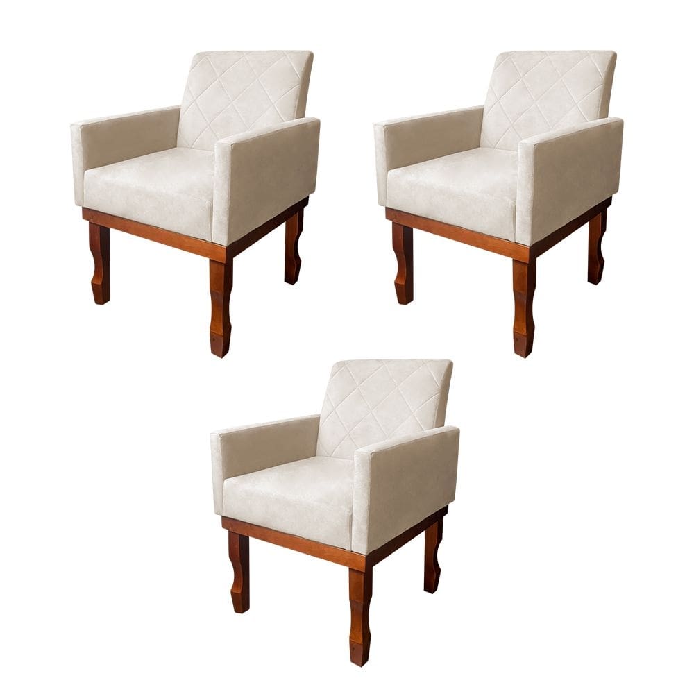 Kit 3 Poltronas Medusa Retrô Pés de Madeira Maciça Suede Bege Claro