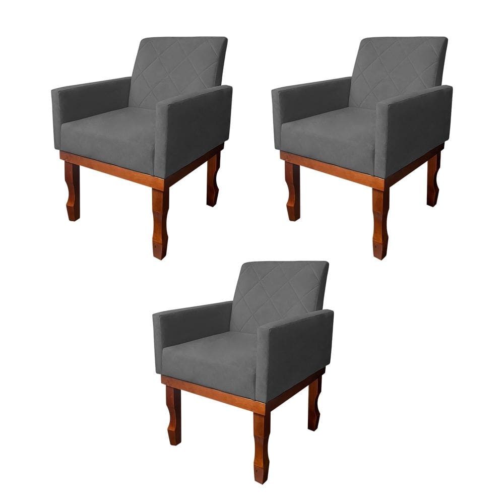 Kit 3 Poltronas Medusa Retrô Pés de Madeira Maciça Suede Cinza