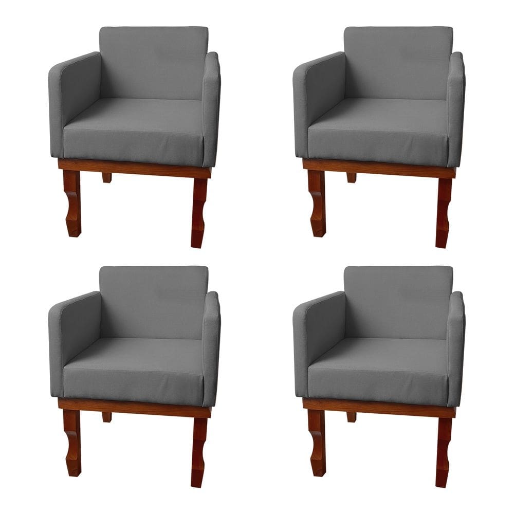 Kit 4 Poltronas Nina para Recepção Pés de Madeira Maciça Suede Cinza