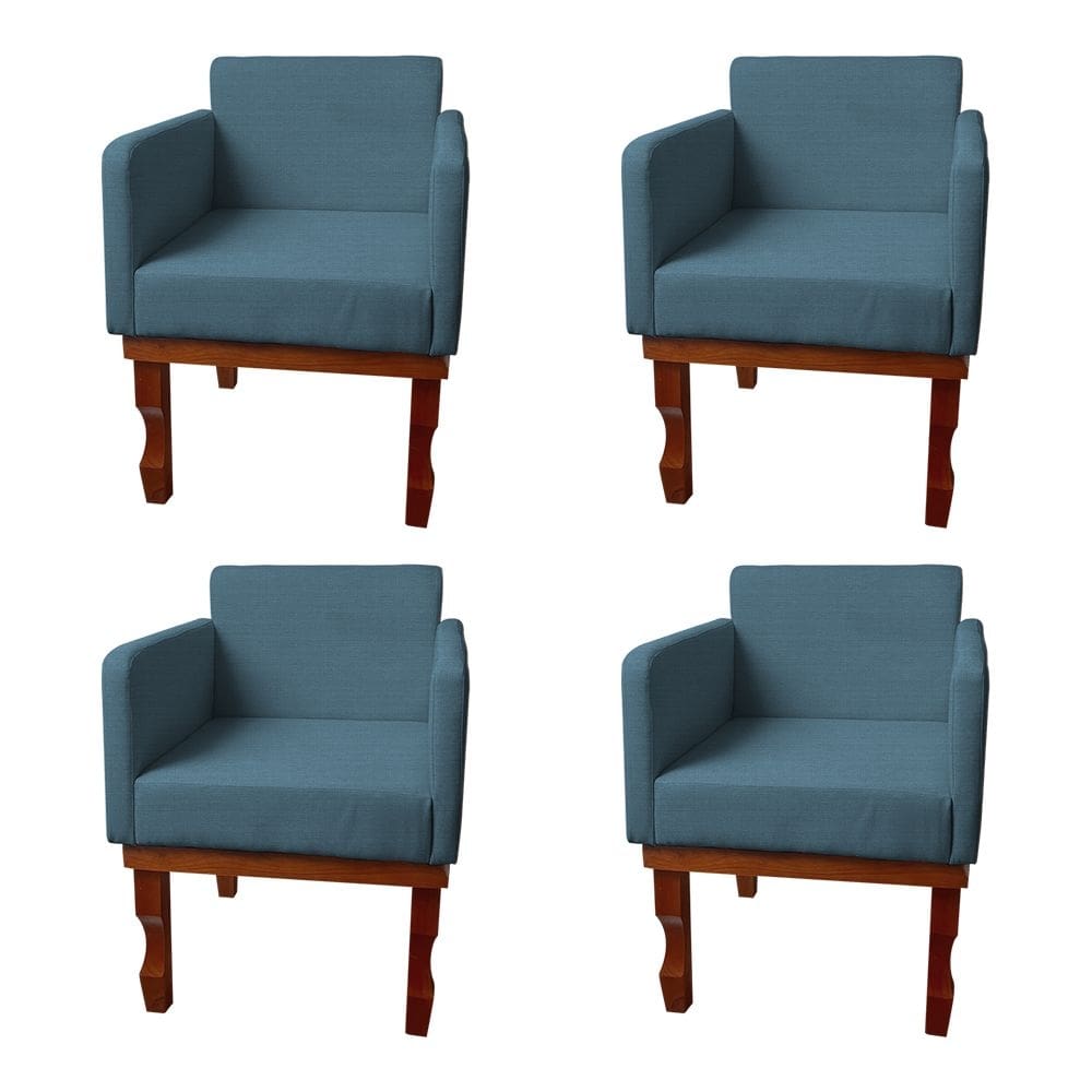 Kit 4 Poltronas Nina para Recepção Pés de Madeira Maciça Linho Azul