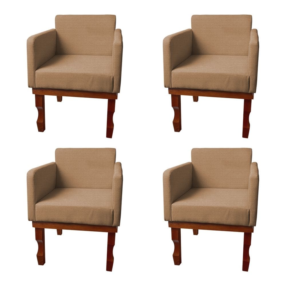 Kit 4 Poltronas Nina para Recepção Pés de Madeira Maciça Linho Marrom