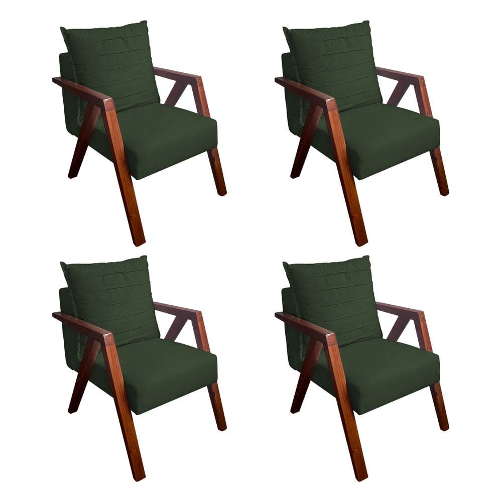 Kit 4 Poltronas Monalisa para Recepção Mona Pés de Madeira Maciça Suede Verde
