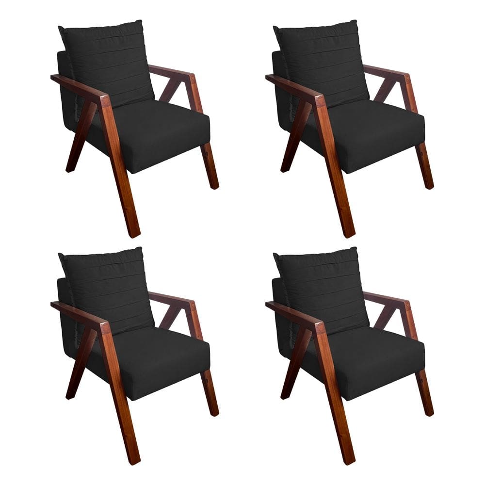 Kit 4 Poltronas Monalisa para Recepção Mona Pés de Madeira Maciça Suede Preto