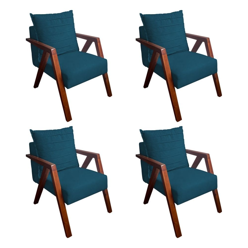 Kit 4 Poltronas Monalisa para Recepção Mona Pés de Madeira Maciça Suede Azul Marinho