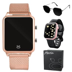 2 relogio feminino digital led rose + oculos sol + caixa casual preto rosa  rose moda
