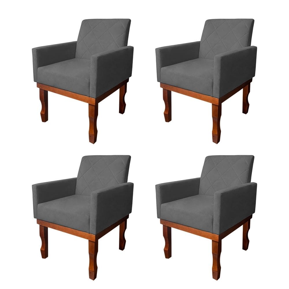 Kit 4 Poltronas Medusa para Recepção Pés de Madeira Maciça Suede Cinza