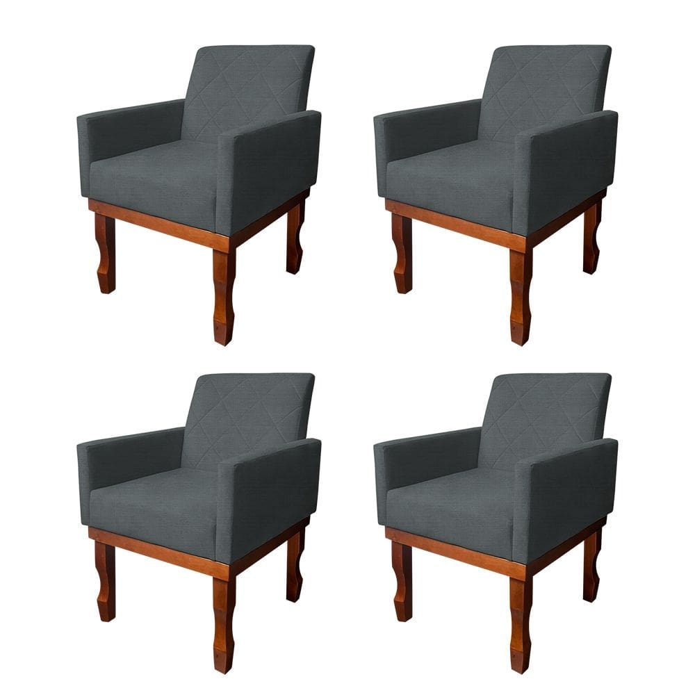 Kit 4 Poltronas Medusa Para Recepção Pés De Madeira Maciça Linho Cinza Escuro