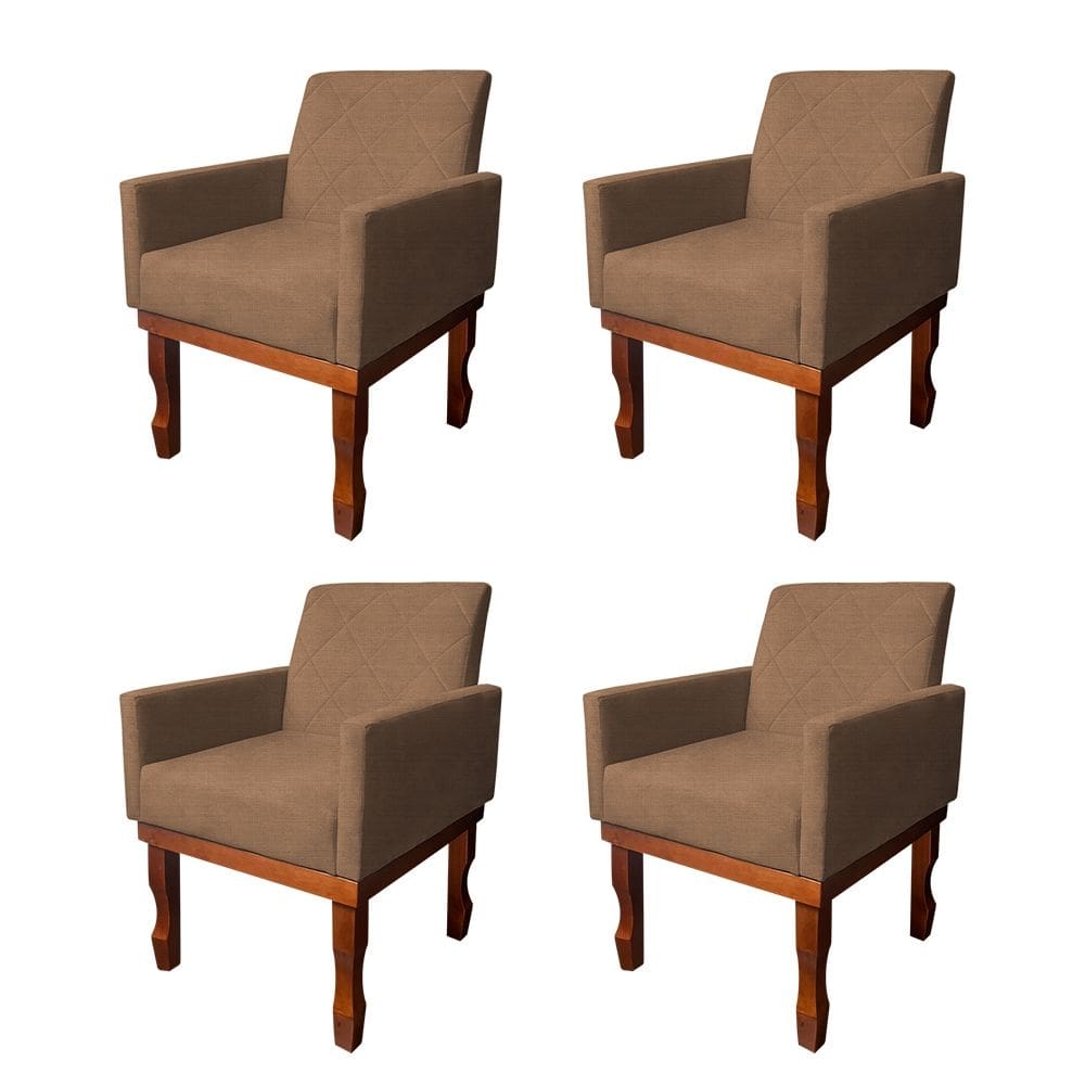 Kit 4 Poltronas Medusa para Recepção Pés de Madeira Maciça Linho Marrom