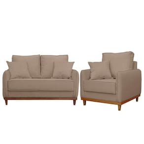 Kit Poltrona E Sofa Sena 2 Lugar Base De Madeira Para Sala Hotel Linho Marrom