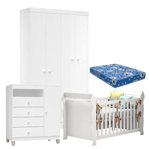 Quarto de Bebê 4 Portas Ternura Baby com Berço Lara Branco Brilho com Colchão - Incorplac