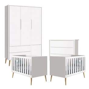 Quarto de Bebê Theo 3 Portas com 02 Berços e Cômoda Gaveteiro Branco Acetinado Pés Madeira Natural - Reller
