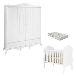 Berço Americano e Guarda Roupa Realeza Branco Acetinado com Colchão Gazin – Canaã