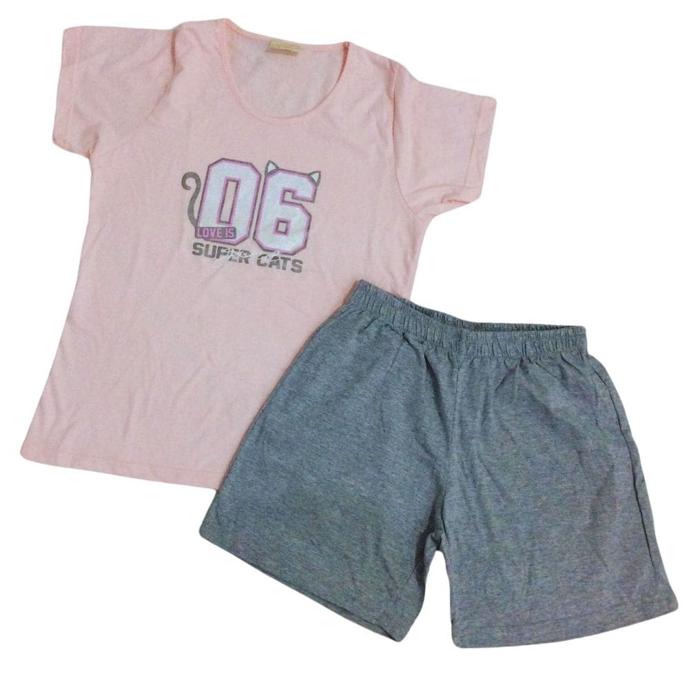 Pijama infantil fem verão Vrasalon rosa/cinza