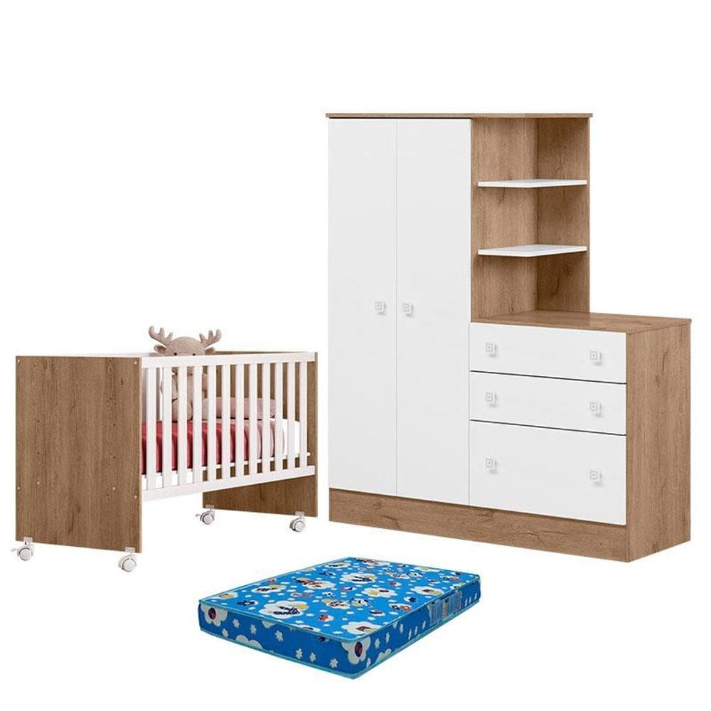 Berço Nacional 3540 e Guarda Roupa com Cômoda 4070 Doce Sonho Carvalho Rústico TOQ Branco e Colchão Ortobom – Qmovi