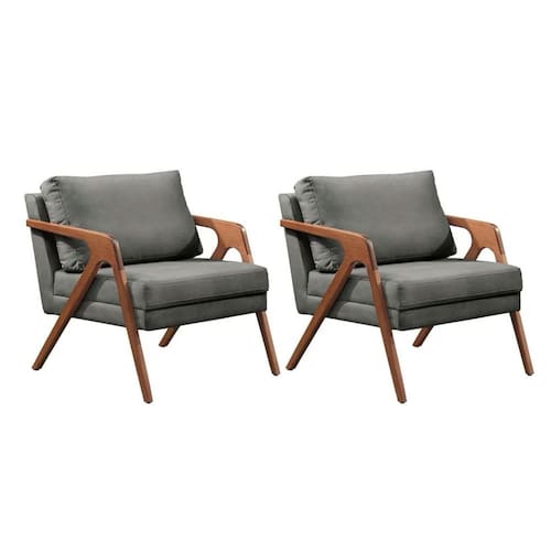 imagem-Kit 2 Poltronas Decorativa Mona Luxo Linho Cinza e Base Madeira Maciça