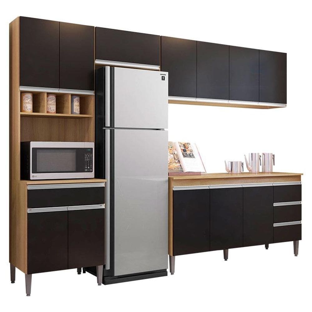 Cozinha com Balcão e Tampo 160 cm Andréia Amendoa Preto - AJL