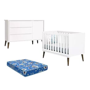 Berço Americano e Cômoda com Porta Infantil Theo Branco Acetinado com Colchão – Reller