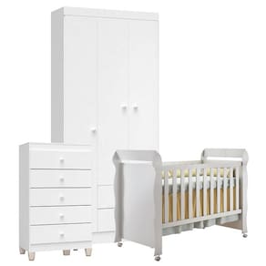 Quarto de Bebê 3 Portas com Gaveteiro Ternura Baby e Berço Mirelle Branco Brilho - Incorplac