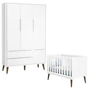 Berço Americano e Guarda Roupa 3 Portas Infantil Theo Branco Acetinado com Pés Amadeirado – Reller