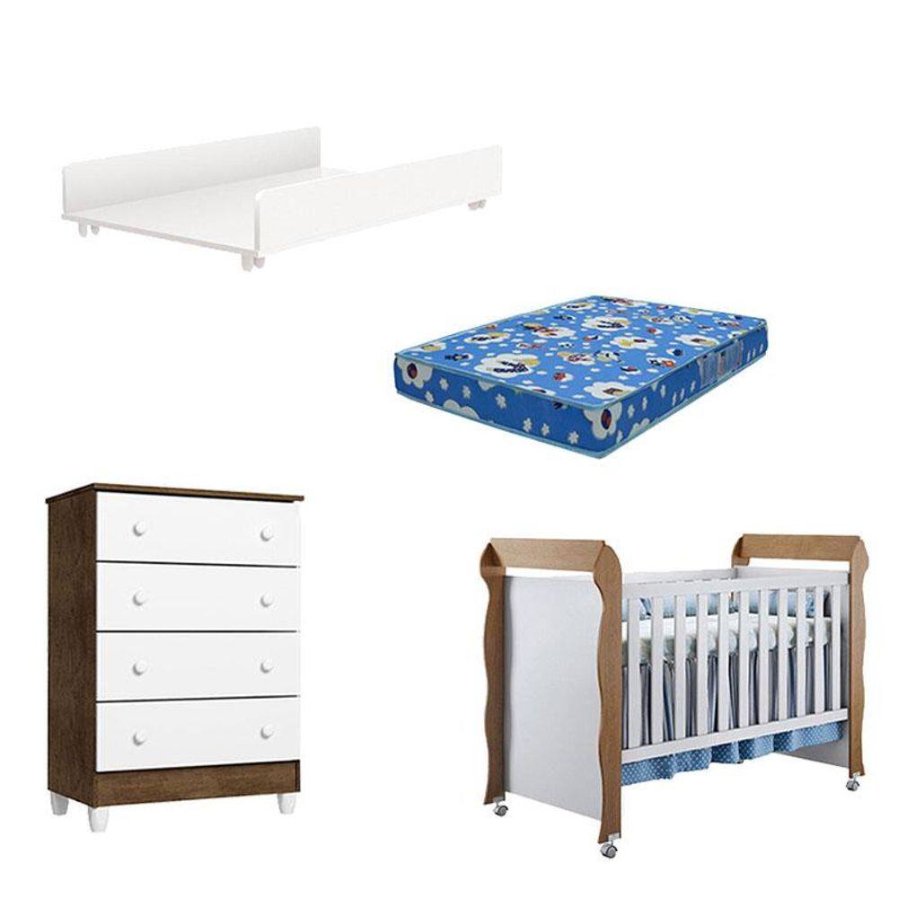 Berço Americano Mirelle Cômoda Ariel Branco Acetinado Amadeirado e Trocador Juju Com Colchão Ortobom – Carolina