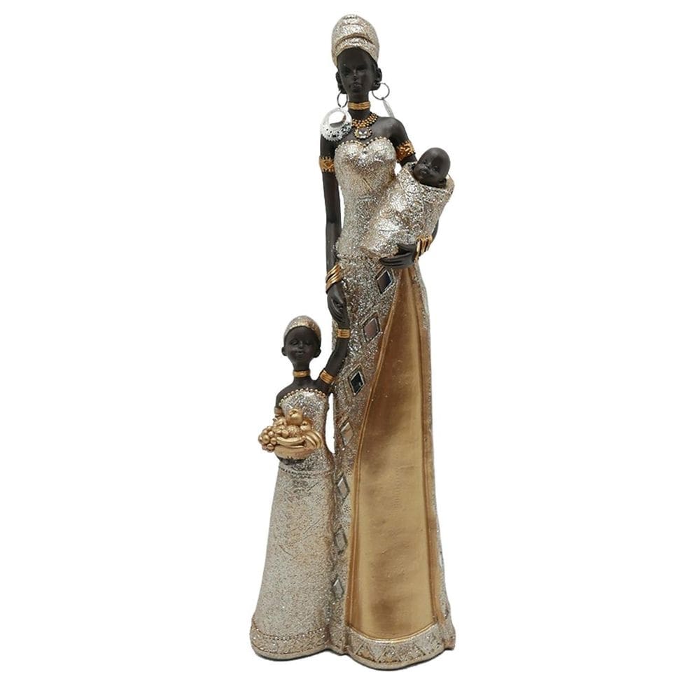 Africana com crianças escultura 32cm