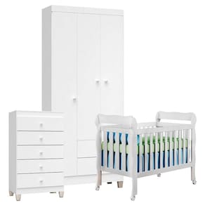 Quarto de Bebê 3 Portas com Gaveteiro Ternura Baby e Berço Lila Branco Brilho - Incorplac