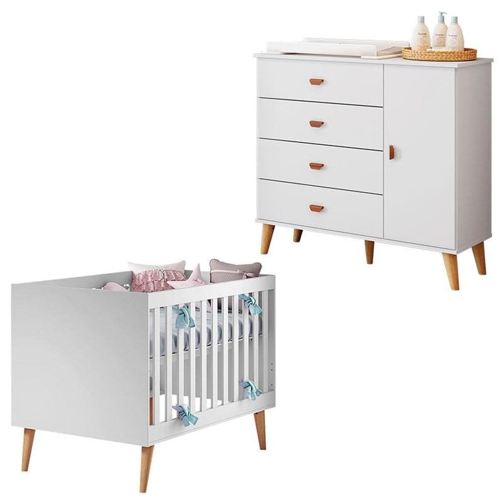 Berço Americano Ludmila com Cômoda Infantil Duda Branco Acetinado Bétula - Carolina