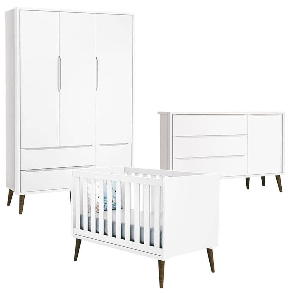Quarto de Bebê Theo 3 Portas com Cômoda com Porta Branco Acetinado com Pés Amadeirado - Reller
