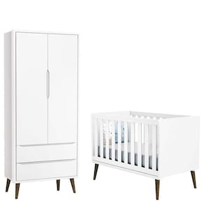 Berço Americano e Guarda Roupa 2 Portas Infantil Theo Branco Acetinado com Pés Amadeirado – Reller