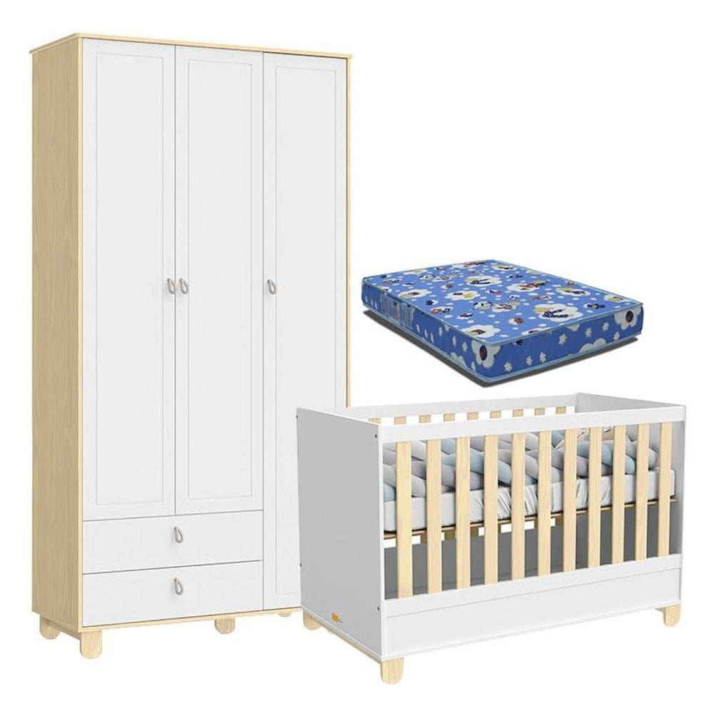Berço Americano e Guarda Roupa Infantil 3 Portas Rope Natural Branco Acetinado com Colchão - Matic