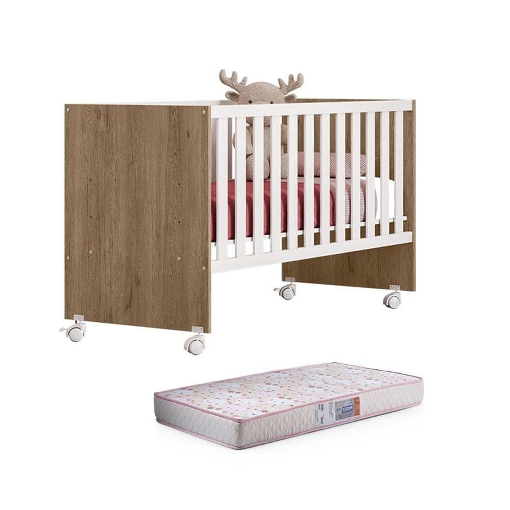 Berço Nacional Doce Sonho 3540 Carvalho Rústico TOQ Branco com Colchão Gazin – Qmovi