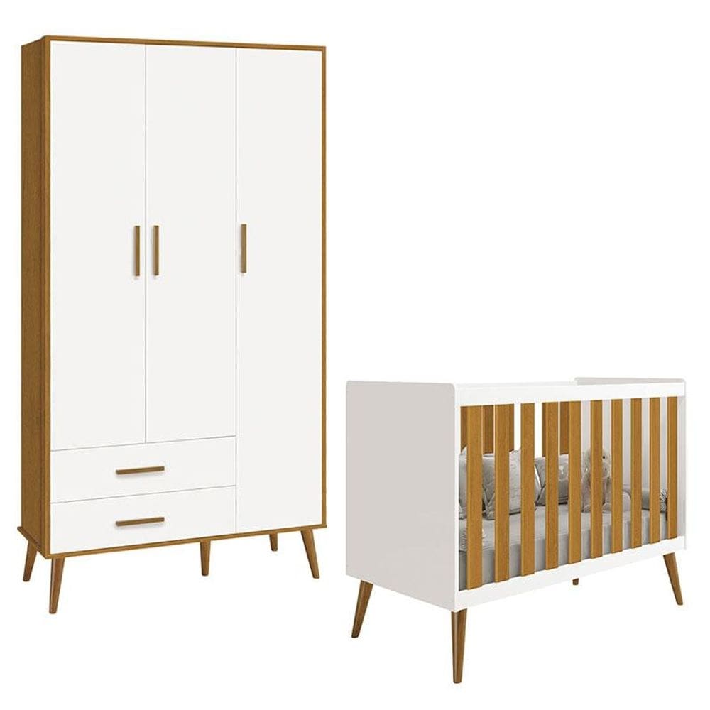 Berço Americano e Guarda Roupa Infantil 3 Portas Isis Branco Acetinado Savana - Reller