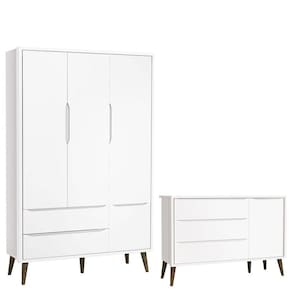 Cômoda Infantil com Porta e Guarda Roupa 3 Portas Theo Branco Acetinado com Pés Amadeirado – Reller