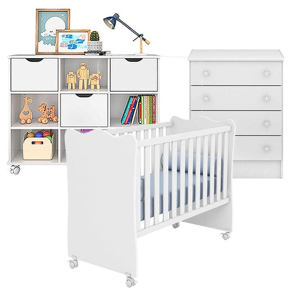 Berço Nacional 102 e Cômoda 103 com Nicho Organizador 3 Gavetas Branco Brilho - Qmovi