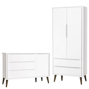 Cômoda Infantil com Porta e Guarda Roupa 2 Portas Theo Branco Acetinado com Pés Amadeirado – Reller
