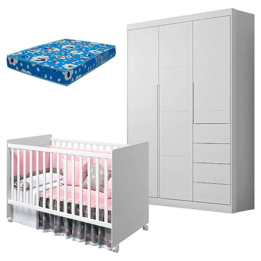 Berço Americano Tico e Guarda Roupa Infantil Eloá Branco Acetinado com Colchão Ortobom – Phoenix Baby
