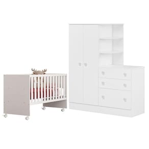 Berço Nacional 3540 e Guarda Roupa com Cômoda 4070 Doce Sonho Branco Brilho – Qmovi