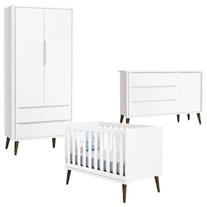 Quarto de Bebê Theo 2 Portas com Cômoda com Porta Branco Acetinado com Pés Amadeirado - Reller