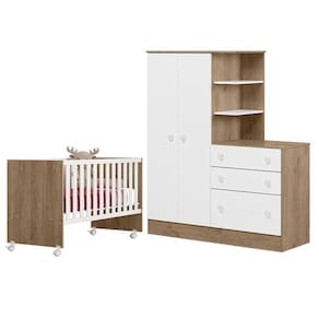 Berço Nacional 3540 e Guarda Roupa com Cômoda 4070 Doce Sonho Carvalho Rústico TOQ Branco – Qmovi