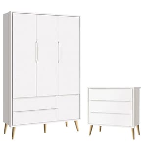 Cômoda Gaveteiro Infantil e Guarda Roupa 3 Portas Theo Branco Acetinado Pés Madeira Natural – Reller